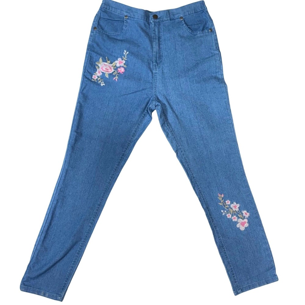 CW Classics Floral Embroidered High Rise Jeans Womens Large Stretch Denim Blue